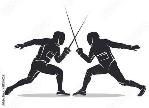 Black silhouette of two fencers engaged in a sword fight isolated on white background. Fencers dueling with swords in a dramatic battle. Fencing sport championship design element