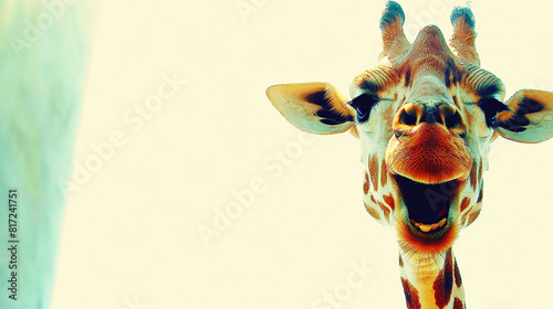 A giraffe standing close to the camera with its mouth wide open, displaying its long tongue and teeth