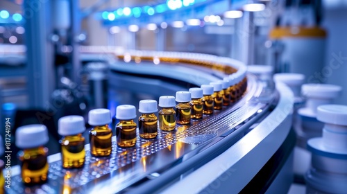 Automated packaging line neatly arranging pharmaceutical vials for distribution.