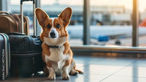 Adorable welsh corgi dog waiting at airport with luggage, ready for his exciting flight adventure