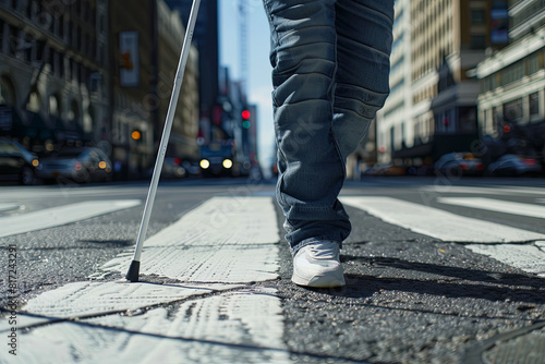 Midsection of young blind man with white cane walking across the street in city 