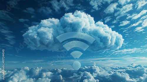 3D rendering of clouds forming the shape of a WiFi symbol against a sky background, representing the concept of better WiFi coverage.