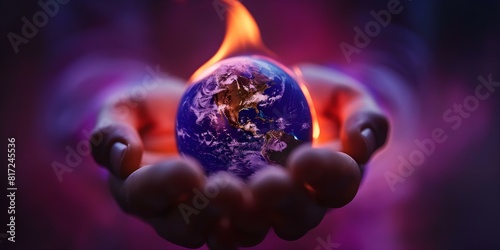 Hand holding burning globe symbolizing global warmings impact on the planet visually. Concept Climate Change, Global Warming, Environmental Crisis, Earth's Impact, Symbolic Photography