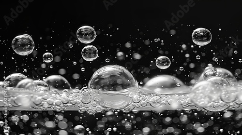 Background featuring air bubbles in water, illustrating abstract oxygen bubbles in the sea, isolated against a black background in black and white tones.