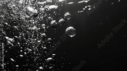 Background featuring air bubbles in water, illustrating abstract oxygen bubbles in the sea, isolated against a black background in black and white tones.