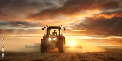 Utilizing Advanced Agricultural Technology: Tractor Planting Seeds in Field at Sunset. Concept Agricultural Technology, Advanced Machinery, Sunset Scene, Tractor Planting Seeds, Farming Innovation