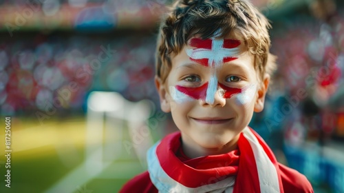 child boy soccer fun with painted face of flag Austria in football stadium