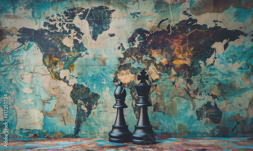 The concept of geopolitics shows two chess pieces placed on a world map, suggesting well-thought-out international strategies and maneuvers.