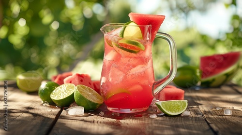 A glass pitcher filled with chilled watermelon agua fresca, garnished with lime wedges and watermelon slices, placed on a rustic wooden picnic table.