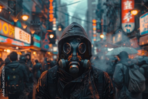 people in gas masks protective suits city