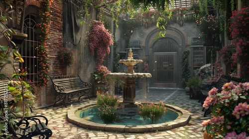 A hidden garden courtyard with blooming flowers, wrought iron benches, and a fountain