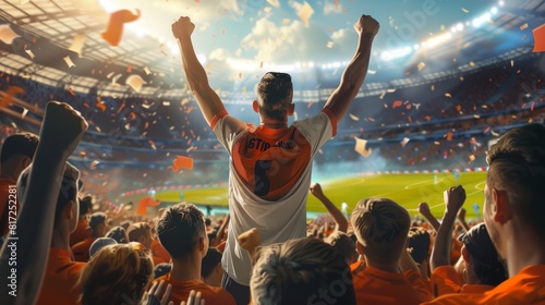 fan celebrating his team's goal on the field with all the other fans, sport concept