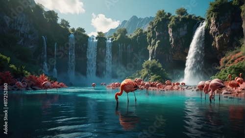 Beautiful flamingos wallpaper on the background of turquoise waterfall