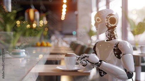 Conceptual illustration showcasing the automation of a restaurant with a 3D-rendered waiter robot serving a cup of coffee.