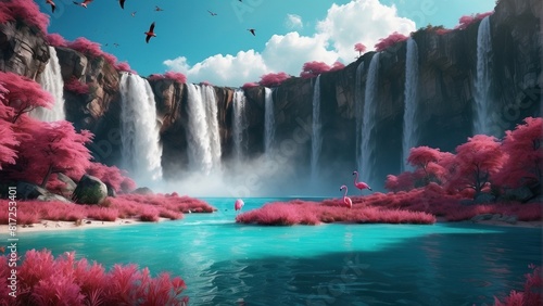 Beautiful flamingos wallpaper on the background of turquoise waterfall