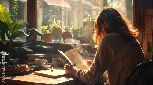 A person journaling in a cozy cafe filled with the aroma of coffee and pastries, sunlight streaming through the window.