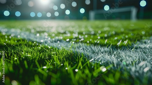 Close up soccer field lines. Background soccer pitch grass football stadium ground view. Grass macro in sports arena. with lights background