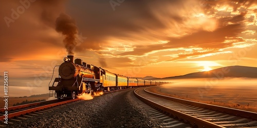 Capture vintage train chugging through countryside in warm nostalgic golden hour light. Concept Train, Countryside, Golden Hour, Vintage, Nostalgic
