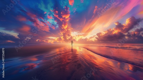 A person taking a relaxing walk on a sandy beach at sunset, colorful clouds streaking across the sky.