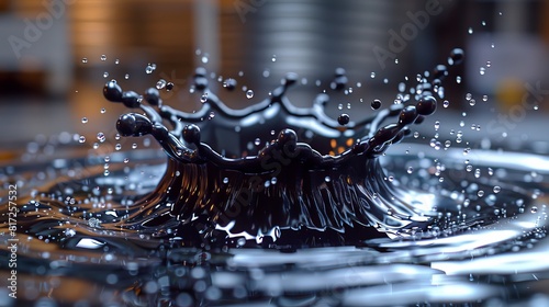 Experimental depiction of ferromagnetic black liquid movement under a magnetic field, resulting in unique sharp shapes.