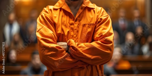 Defendant in orange jumpsuit admits guilt during court proceedings. Concept Courtroom Confessions, Legal System, Criminal Justice, Sentencing Hearings, Guilty Pleas