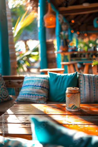 Cozy details of exotic beach bar framed by palm leaves. Spending holidays in tropical destinations.