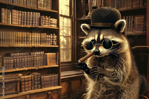 Charming Raccoon in Bowler Hat and Round Glasses, Holding a Cigar, Antique Library Background, Copy Space