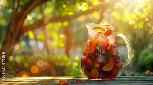 A pitcher of sangria filled with colorful fruits and ice cubes, placed on a vibrant outdoor patio table with sunlight dappling through the trees.