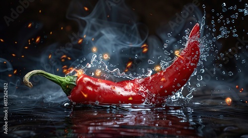 Spicy food concept. Red hot chili pepper on fire with splash of water in black background.