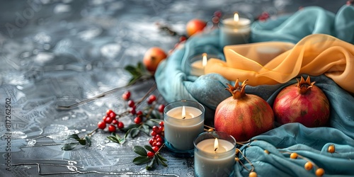 Traditional Yalda night table with pomegranate fruits candles and festive fabrics. Concept Yalda Night Decor, Pomegranate Centerpiece, Candlelit Setting, Festive Table Fabrics