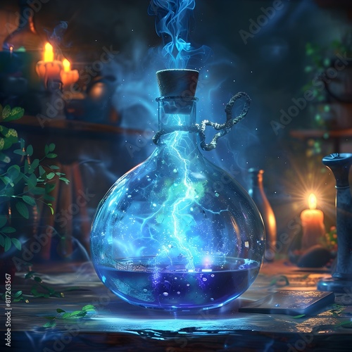 Glowing Potion Bottle in Mystical Alchemist s Lab Digital Art Depicting Frozen Transformation and Suspended Potential
