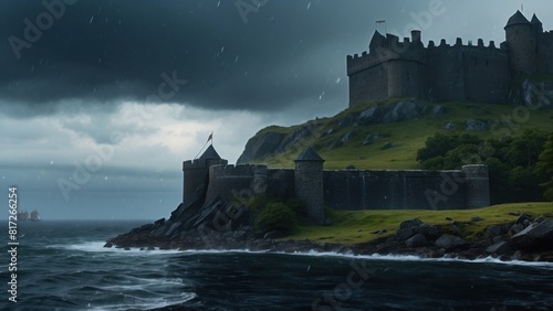 Wallpaper: dark sea, medieval castle in the background