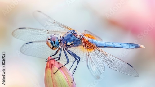  A tight shot of a blue dragonfly hovering over a bloom, background softly blurred