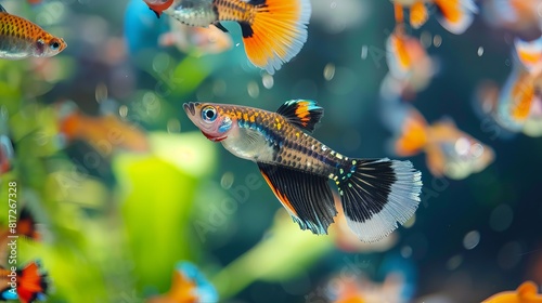 Poecilia reticulata, commonly known as the platinum guppy fish, displayed against a nature-themed background in multiple colors.