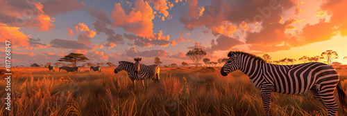 Zebra Herd Grazing in a Colorful African Sunset: A Glimpse into Untouched Wilderness