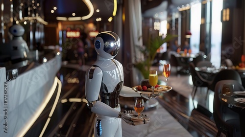 Representation of a humanoid robot waiter carrying a tray of food and drinks in a restaurant, symbolizing the future of artificial intelligence in replacing maintenance staff.