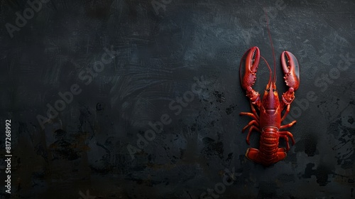  A red crustacean dangles from a red string against a black backdrop, its claws suspended in mid-air The string is attached to the crustacean's