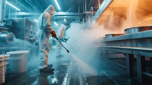 A team of industrial cleaners using high-pressure hoses to wash down equipment in a food manufacturing plant.