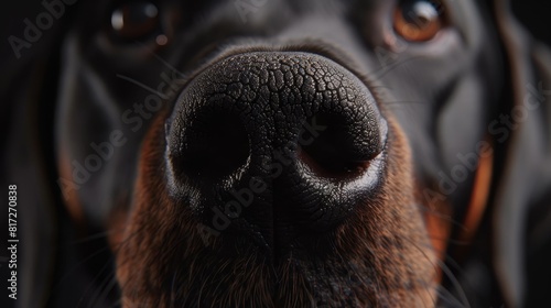  A tight shot of a dog's nostrils and its snout gazing directly at the camera