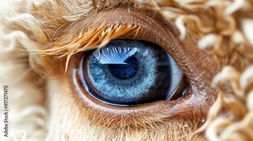  A tight shot of a cow's eye encircled by long, blond hairs around its perimeter