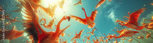 Imagine a flock of flamingos in flight