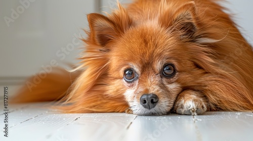  A close-up of a dog lying on the floor, its head and paws touching the floor