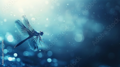  A dragonfly soars through the air against a blurry backdrop of light blue, with a halo-like bokeh of light emanating from its wings' tops