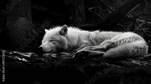  A black-and-white image of a dog dozing on a tree limb amidst woodland, head supported by paws