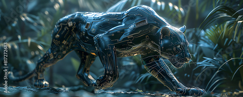 Capture the sleek silhouette of a metallic panther merging with futuristic circuits in a digital art piece Show it prowling through a holographic jungle with a dynamic camera angle