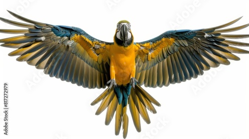  A blue-and-yellow bird with wings splayed and head turned aside, revealing expansive wings