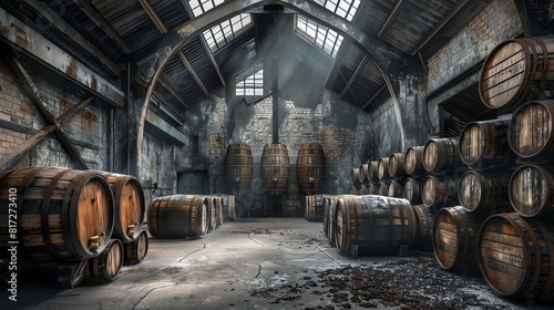 Wine barrels in storage warehouse