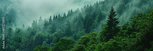 Nature Banner. Panoramic Forest Landscape with Lush Green Woods and Foggy Atmosphere