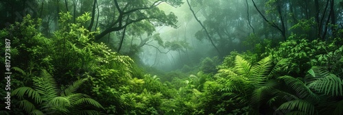 Nature Banner. Foggy Forest Landscape with Lush Foliage for Bright Ecology Background