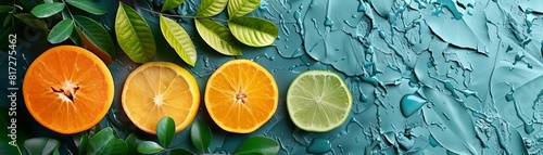 Close-up of slices of orange and lime on blue textured background